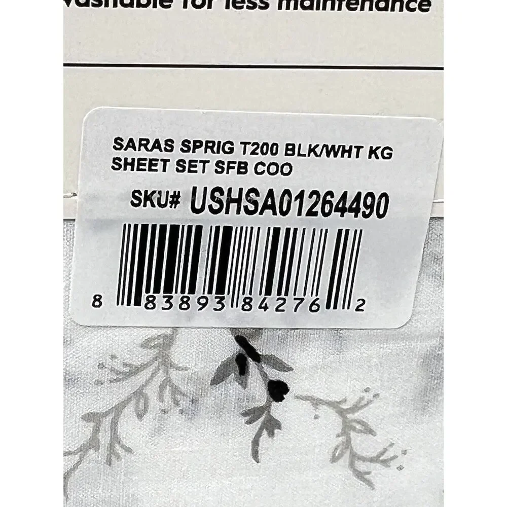 Laura Ashley Percale Cotton KING Sheet Set BLACK White SARAHS SPRIG 4 Pcs. NWT
